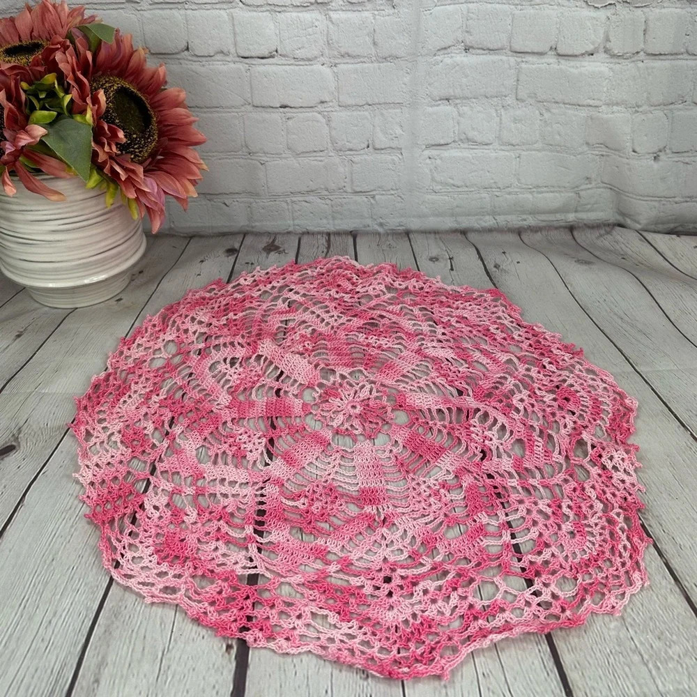 vintage large round handmade crochet pink white doily cottagecore
